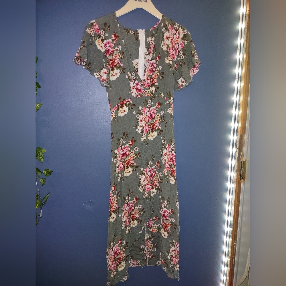 Floral Gray And Pink Maxi Dress - Size S
